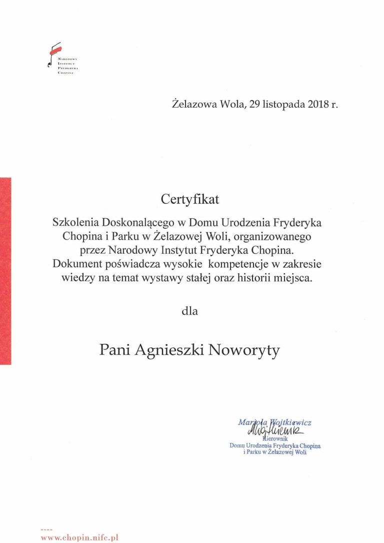 Certyfikat Dom Urodzenia F.Chopina w Żelazowej Woli-1